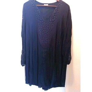 Eyeshadow Navy Blue Floral Lace Midi Dress Long Sheer Sleeve Boho V-Neck Size 1X